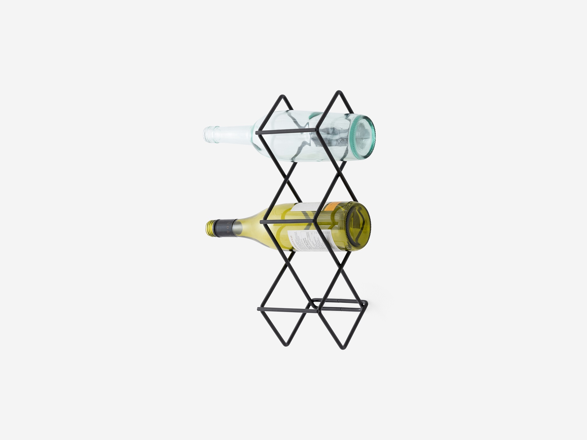 Vertical view of single modular black wire wine rack with bottles